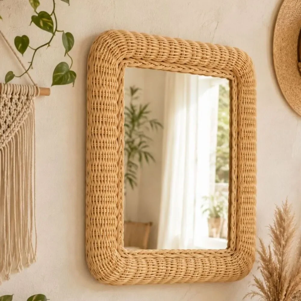 Vintage Wicker Mirror Rattan Woven Wall Mirror Boho Cottage Coastal Vanity Decor